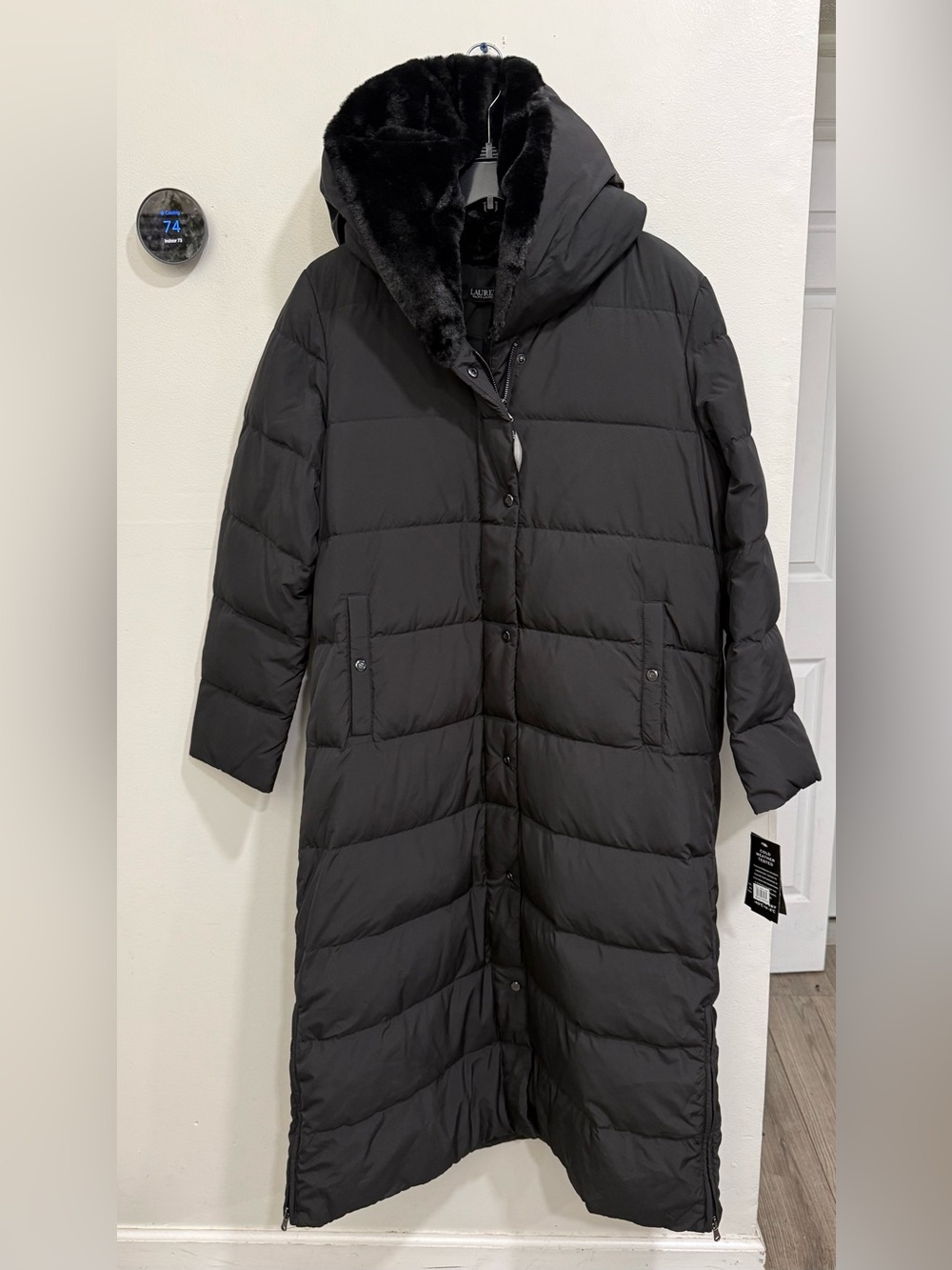 NWT Lauren Ralph Lauren Longline Puffer Coat with Faux Fur Lined Hood SZ L BLACK